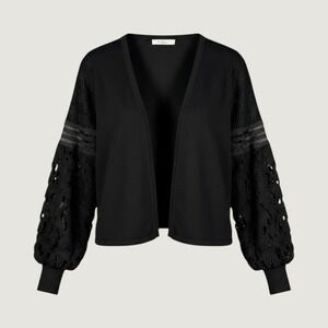 Sioni Milano‎ Black Lace Sleeve Cropped Cardigan Hook Closure Womens medium